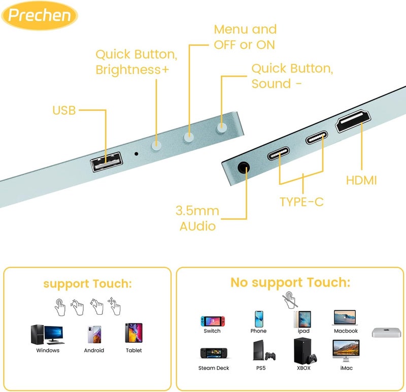 Prechen 15.6'' Touchscreen Portable Monitor, FHD IPS Display with Built-in Speaker & Protective Case, 10-Point Touch Screen, HDMI & USB-C Travel Monitors for Laptop, PC, Phone,Metal Gray + White - Image 5